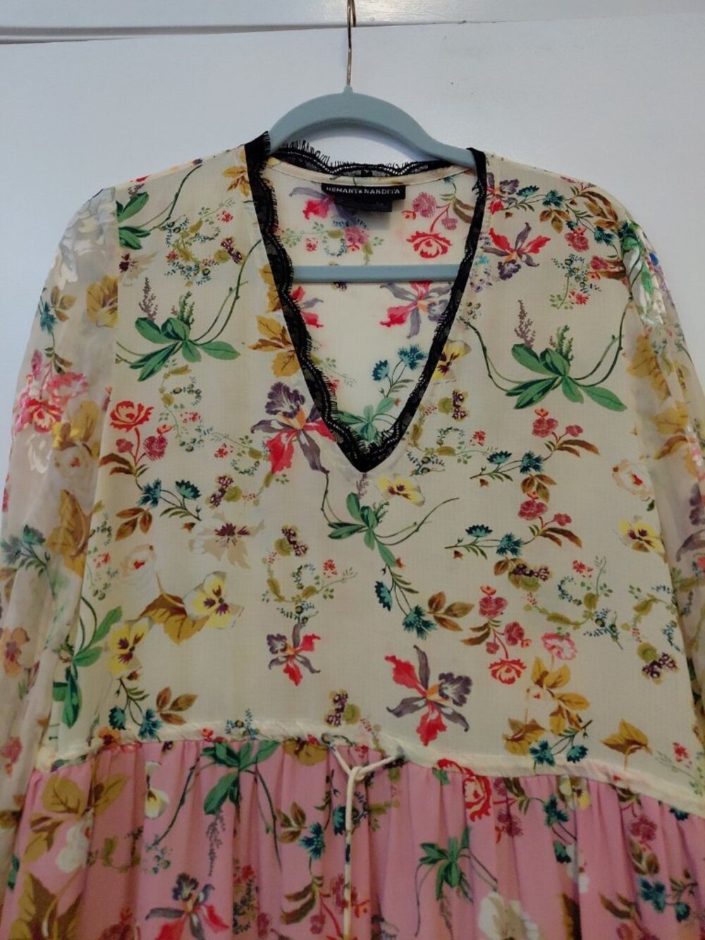 Hemnant & Nandita Wild Rose Silk Dress Tiered V-Neck Floral Long Sleeve Medium - Picture 4 of 12